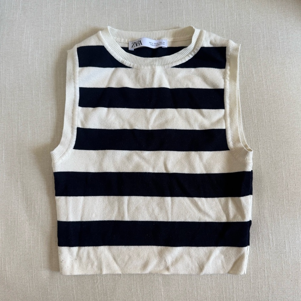 Zara Black and Cream Striped Knit Top